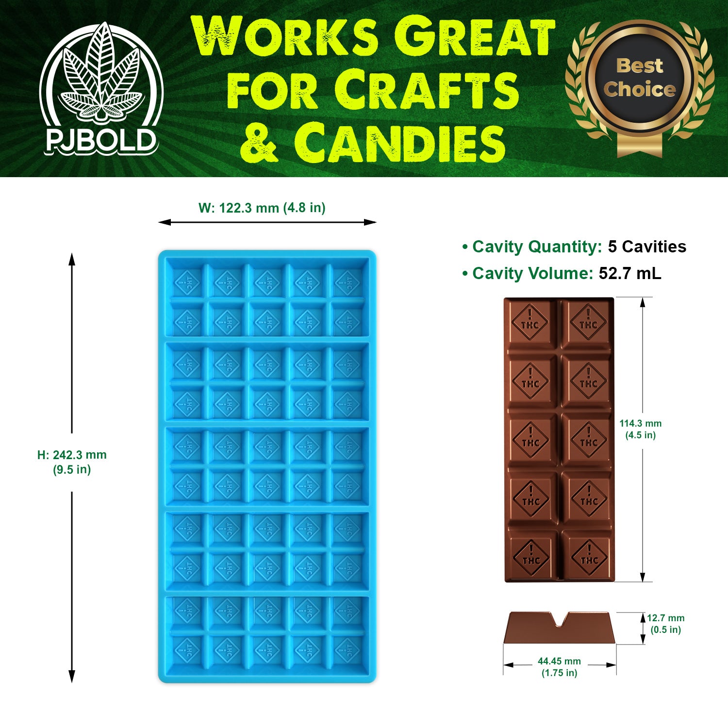 CO, FL, OH THC  Candy  Bar Mold - 52.7mL, 5 Cavity