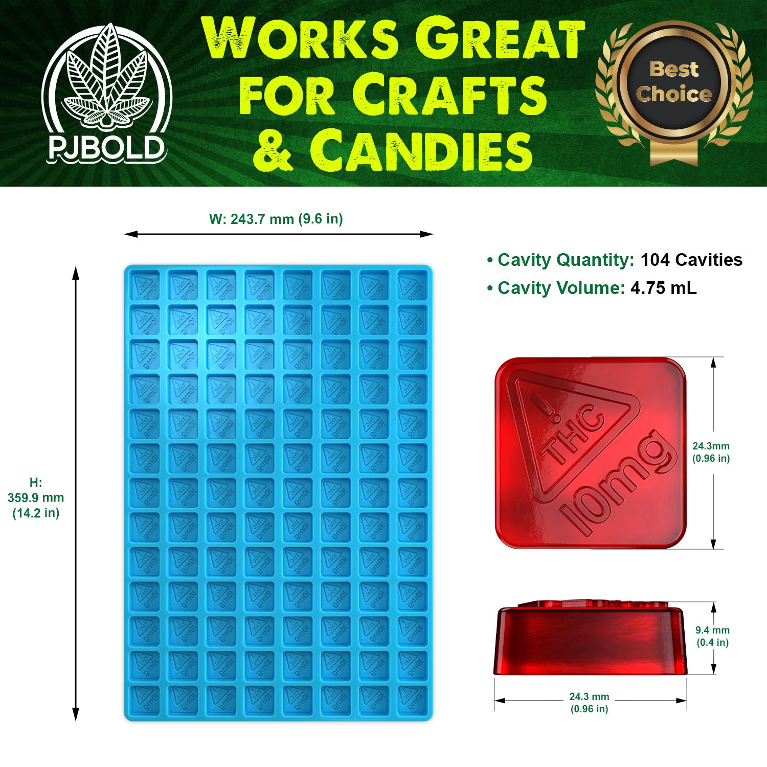 NV THC 10mg Square Silicone Mold, 4.75mL, 104 Cavity, Half Sheet